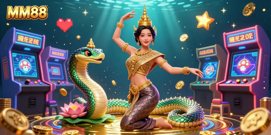 Engage with MM88's vibrant casino universe featuring a Thai dancer, Naga serpent, and colorful gaming elements.