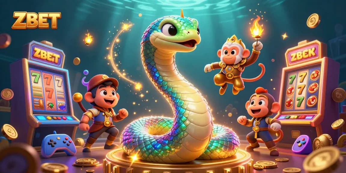 ZBET entertains bettors with a vibrant 3D scene featuring a rainbow serpent and slot machines.