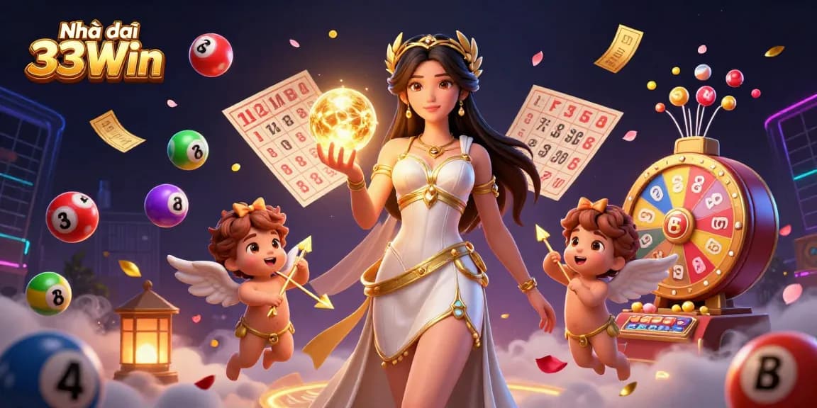 Engage in exciting casino gameplay at Nhà cái 33Win, showcasing vibrant lottery elements and dynamic characters.