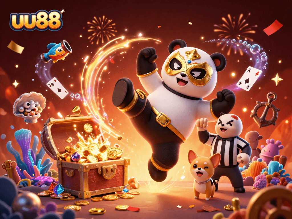 uu88 showcases thrilling casino action with animated panda and chihuahua characters in jubilant celebration.