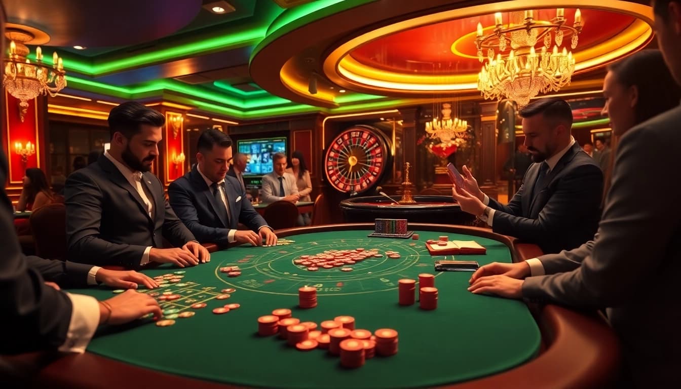 Exciting poker action at a topclub casino table, with colorful chips and players engaged.