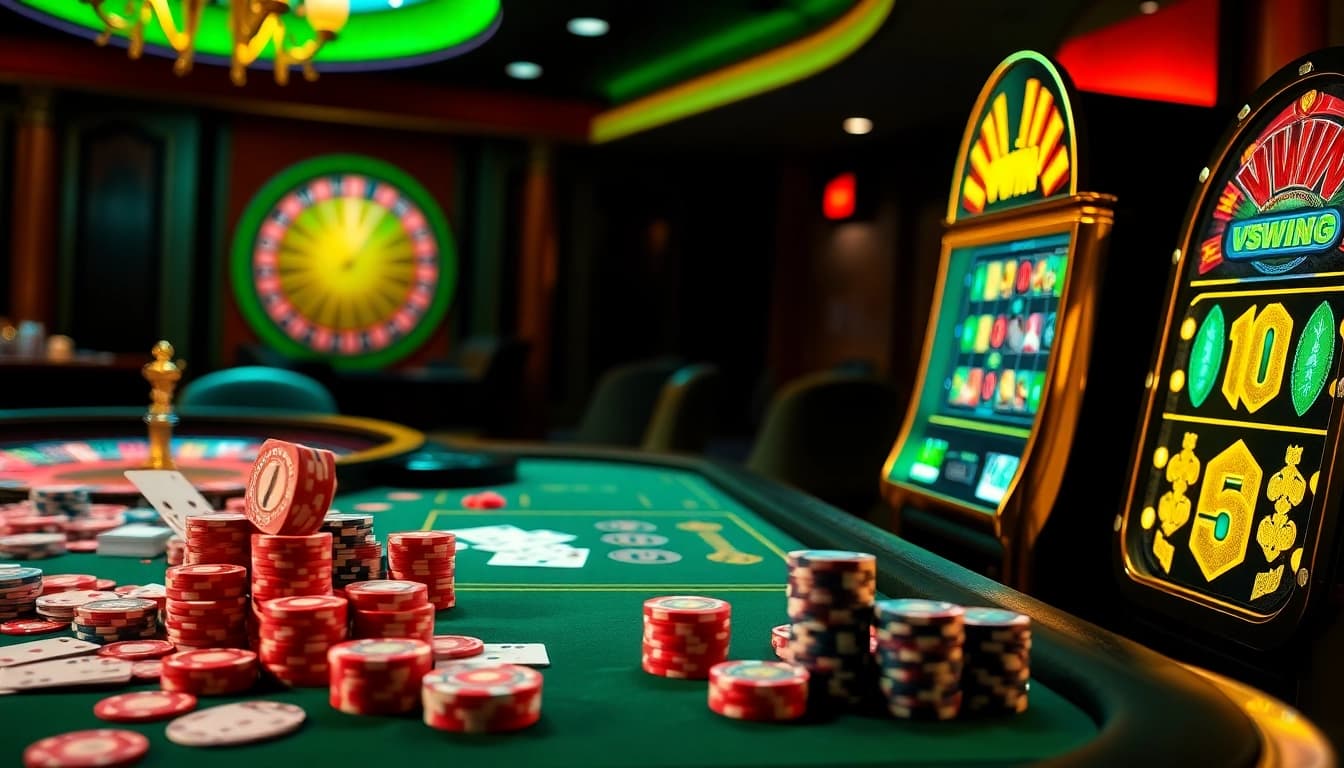 Exciting players enjoying their time at the vibrant VSWIN online casino table with cards and chips.