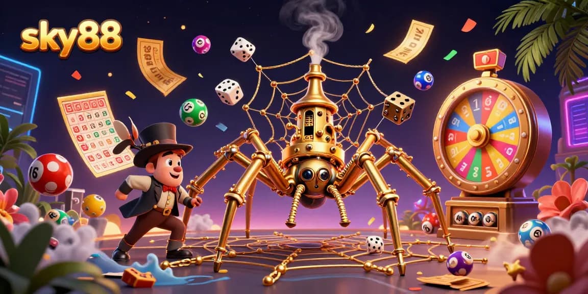 Engage in thrilling gameplay with sky88, featuring a steampunk spider and dynamic lottery elements.