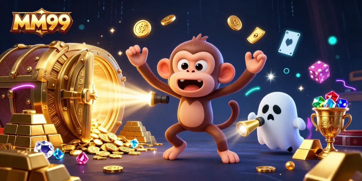 Engage in spirited gameplay at MM99 with a whimsical 3D scene of a ghost-hunter puppy pursuing a poltergeist monkey.