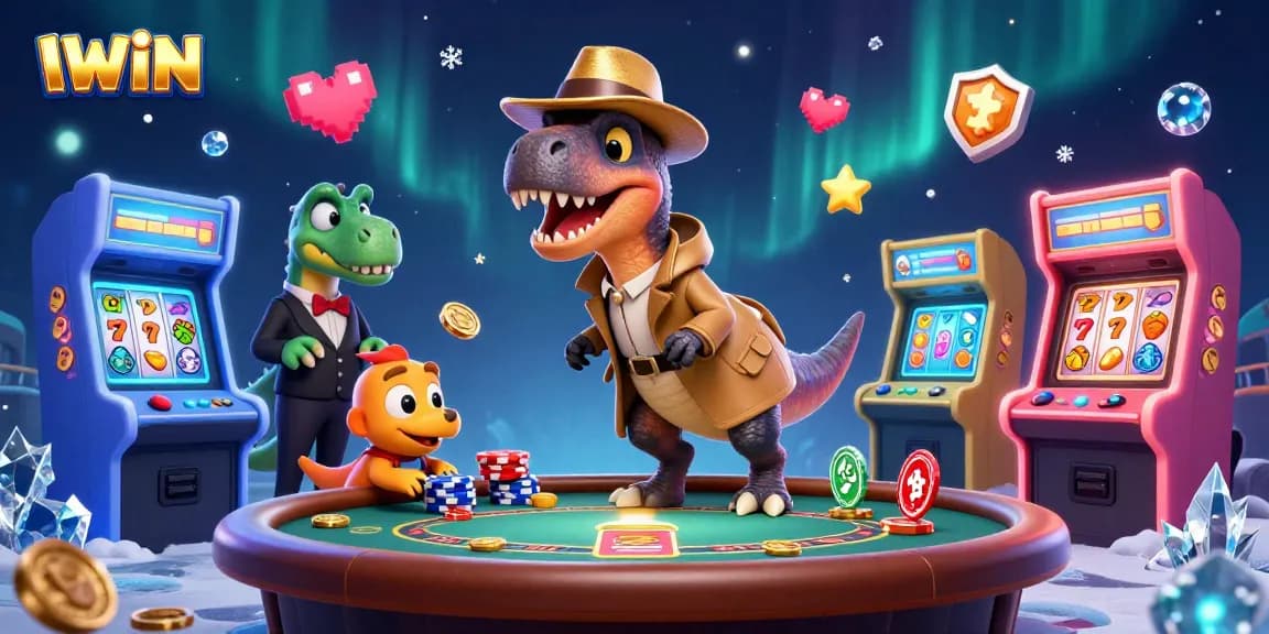 IWIN card counter velociraptor spies at a blackjack table amidst a colorful casino game scene