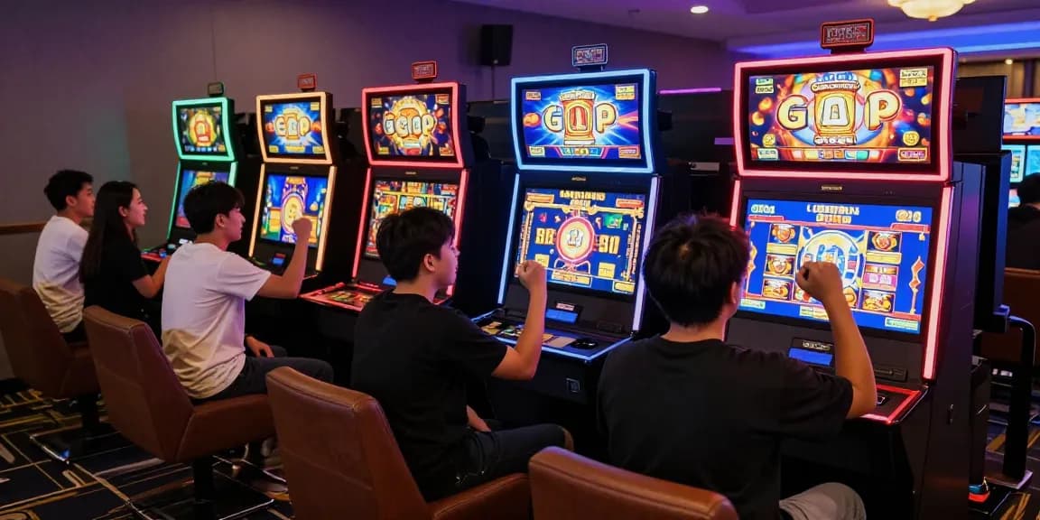 Engaged players celebrating wins on slot gacor games at a vibrant online casino.