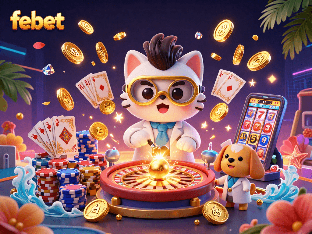 Experience the thrill of febet with a mad scientist cat creating gold coins in a dynamic casino scene.