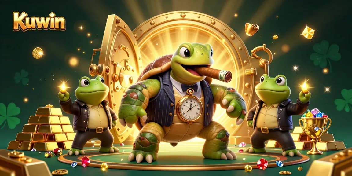 Kuwin engages players with immersive casino games featuring a snapping turtle mobster surrounded by riches.