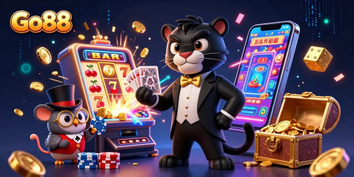 Experience thrilling Go88 gaming action with a stylish panther dealing cards amid a jackpot explosion.