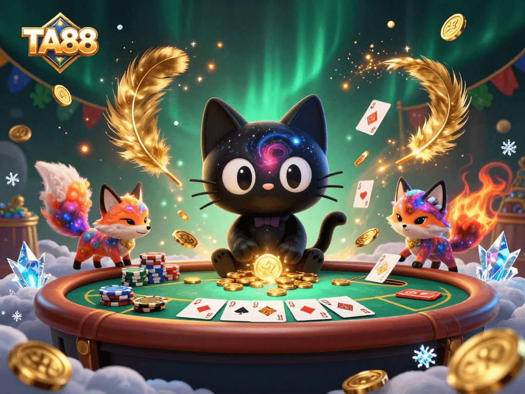 Win at TA88 with a cosmic casino scene featuring a playful black hole cat and colorful fox.
