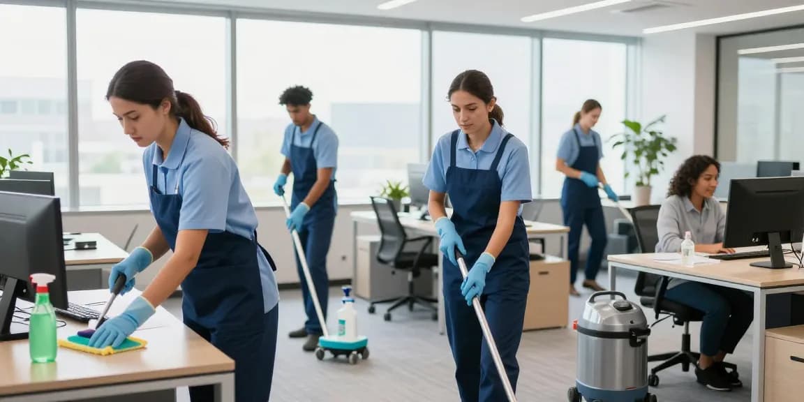 Professionelle Gebäudereinigung Düsseldorf mit einem Reinigungsteam, das Büros sauber hält und umweltfreundliche Reinigungsmittel verwendet.
