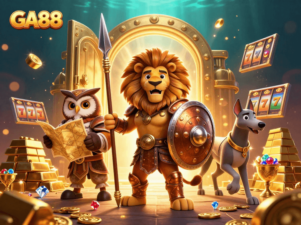 Experience the thrill of GA88 with this dynamic casino-themed 3D illustration featuring gaming elements.