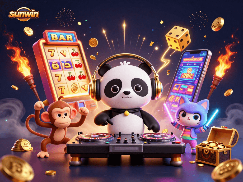Play exciting games at sunwin with a DJ panda, dancing monkey, and rave kitten in a vibrant casino scene!
