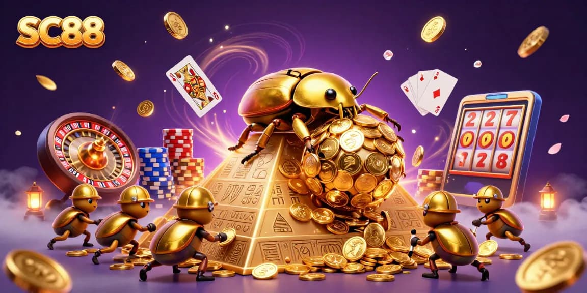 Experience excitement with SC88, featuring golden beetles and casino treasures in a dynamic scene.