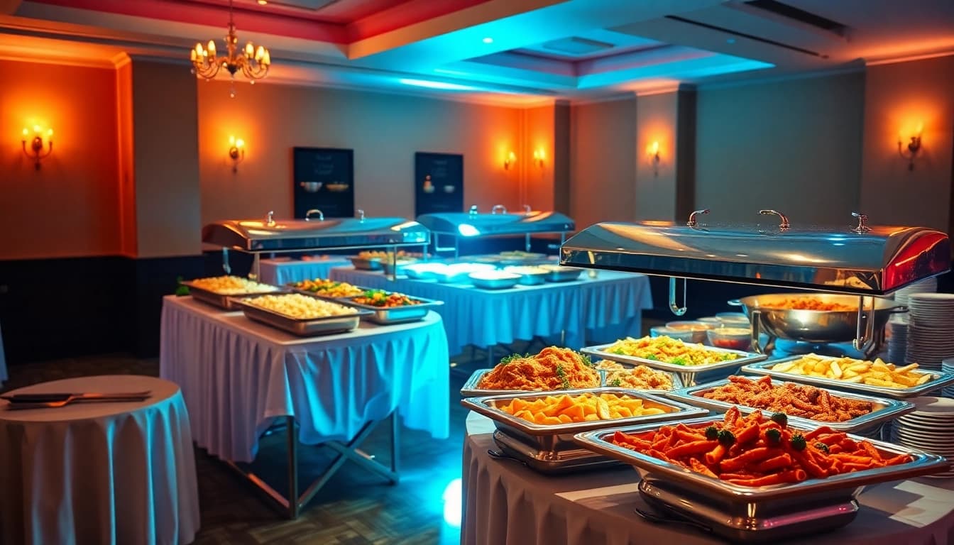 Beautiful buffet catering display showcasing a variety of gourmet dishes to delight guests.
