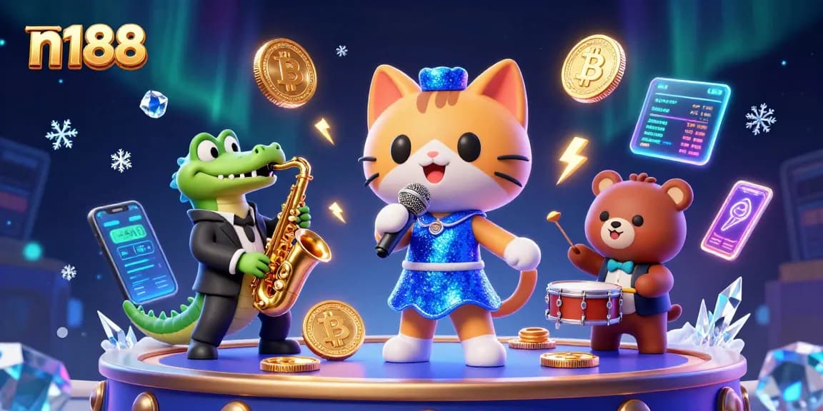 Experience n188's thrilling atmosphere with vibrant characters and crypto elements in a dazzling casino scene.