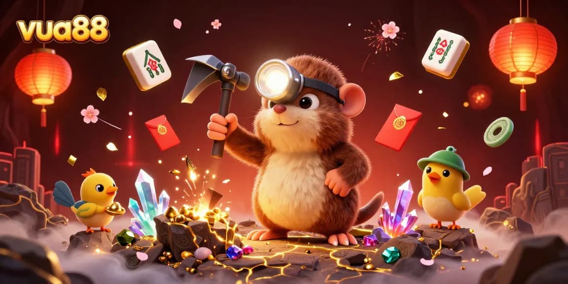 Engage with vua88's captivating treasure hunter in a vibrant 3D casino scene filled with gold and gems.