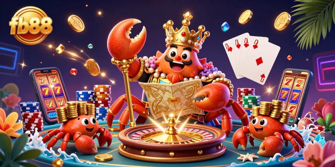 Bet on exciting adventures with fb88, featuring a golden crab emperor and vibrant casino elements.