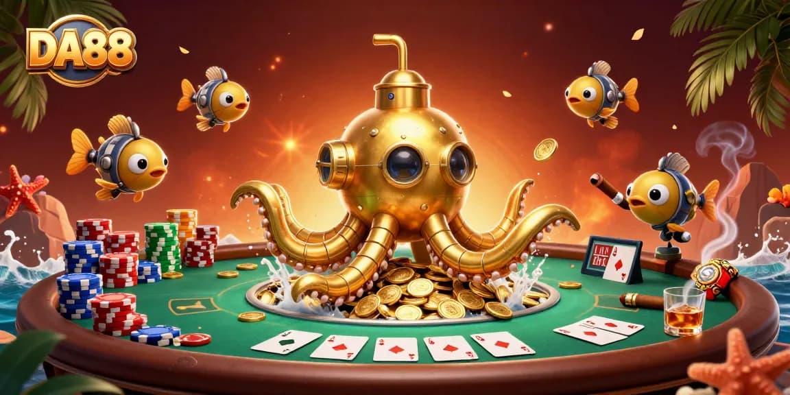 Experience thrilling poker action with DA88's golden kraken submarine amidst shining coins.