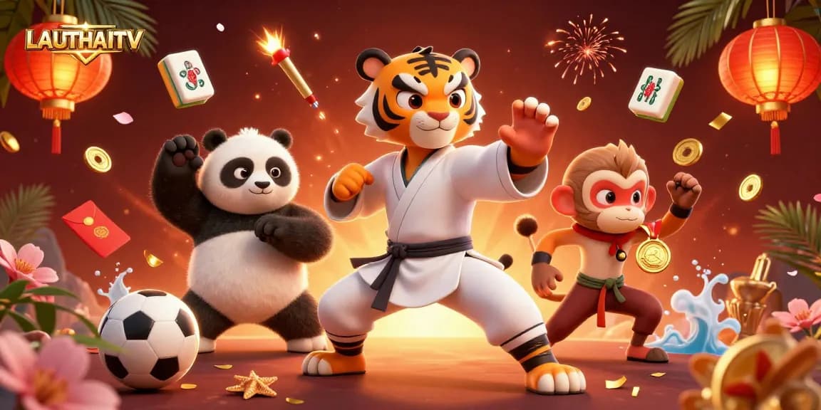 LAUTHAITV sports betting scene featuring a kung fu tiger and panda amid dynamic festive elements and rich visuals.