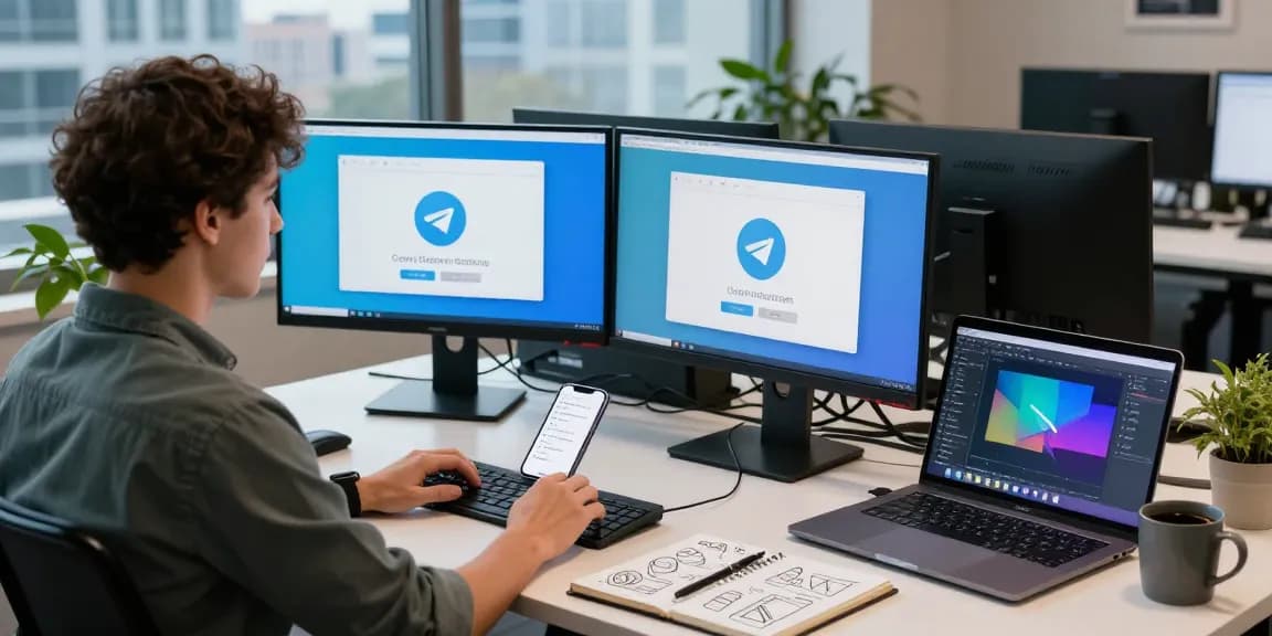 使用Telegram网页版的年轻专业人士在现代办公室中专注工作的场景，显示相关界面和环境元素。