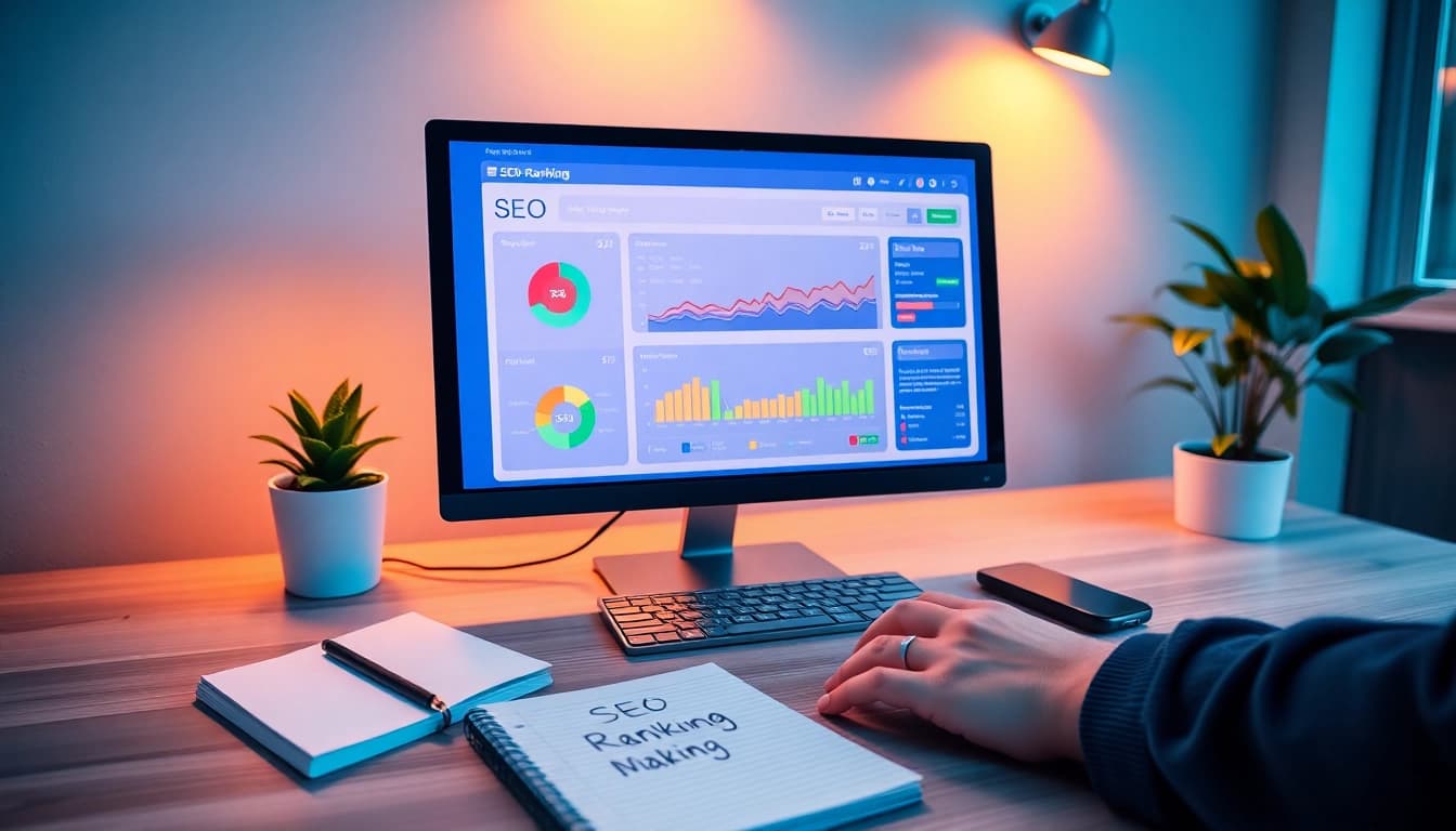 Explore essential SEO-Ranking insights displayed on a vibrant computer screen in a modern workspace.
