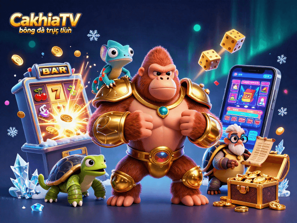 CakhiaTV bóng đá trực tuyến showcases a lively casino scene with a golden gorilla king and dynamic game elements.
