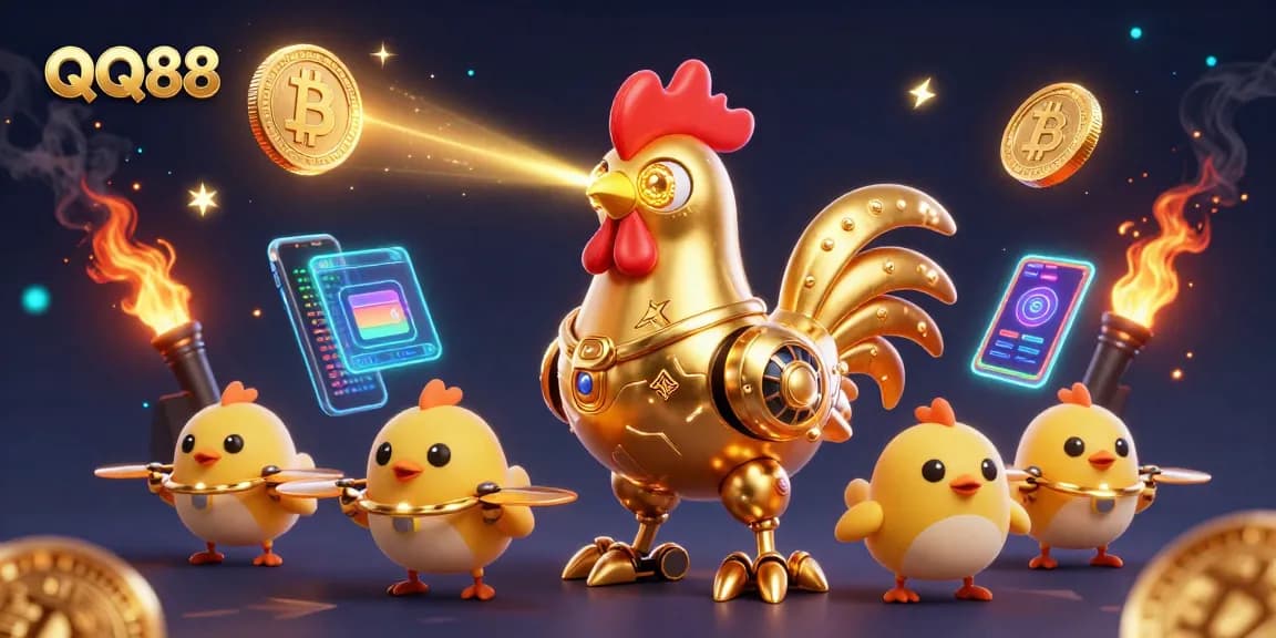 Engage in exciting bets at QQ88 with vibrant 3D casino-themed robots and neon crypto elements.