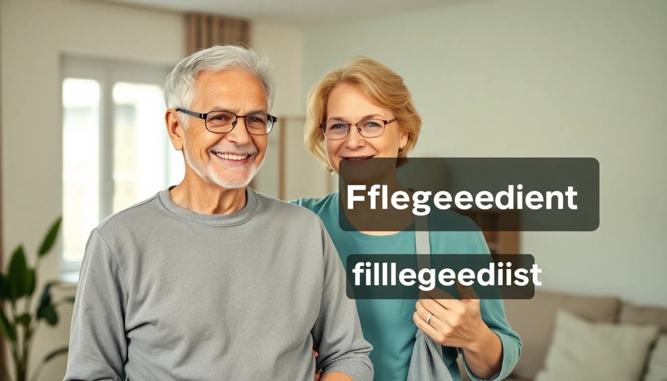 Pflegedienst unterstützt Senioren mit freundlicher Pflegekraft in hellem Wohnumfeld.