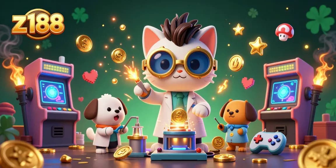 Engage with z188 through vibrant 3D illustration of a mad scientist cat and dog in a casino theme.