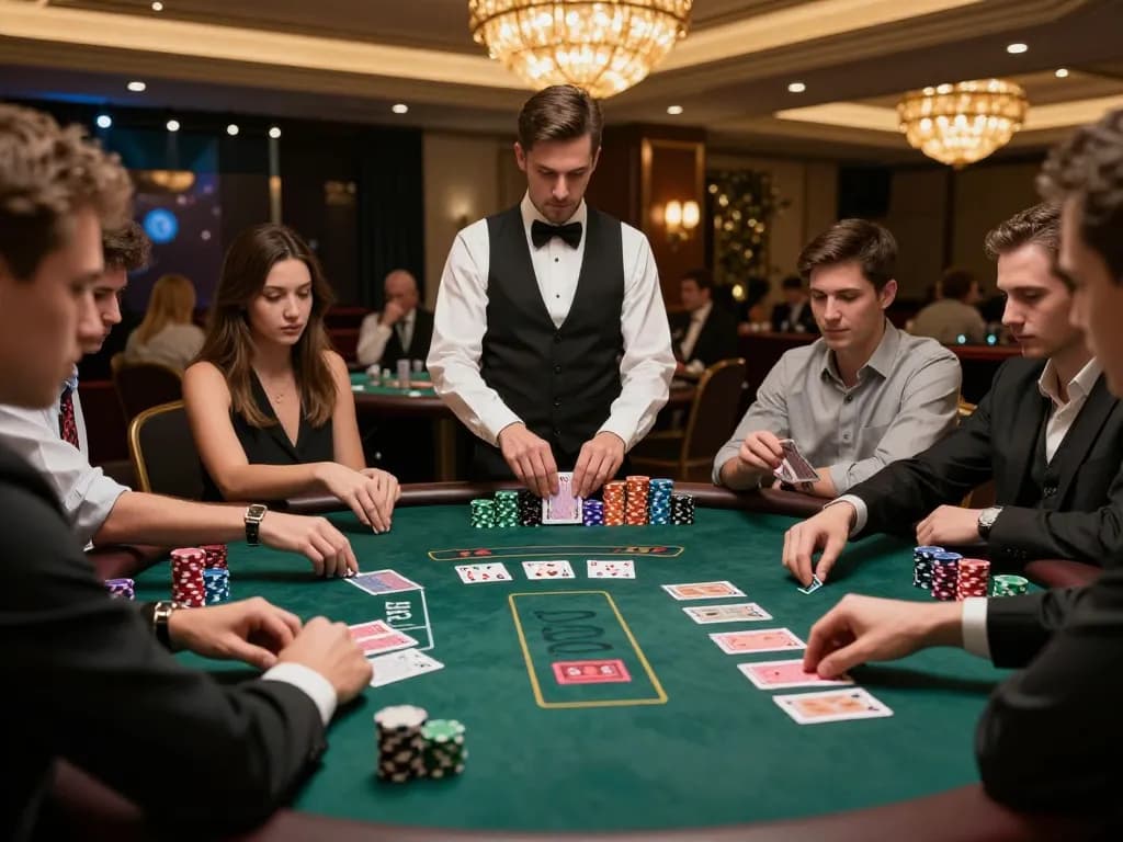 Engaging blackjack gameplay at a casino table featuring players focused on their bets and strategic decisions while enjoying a thrilling toto slot experience.