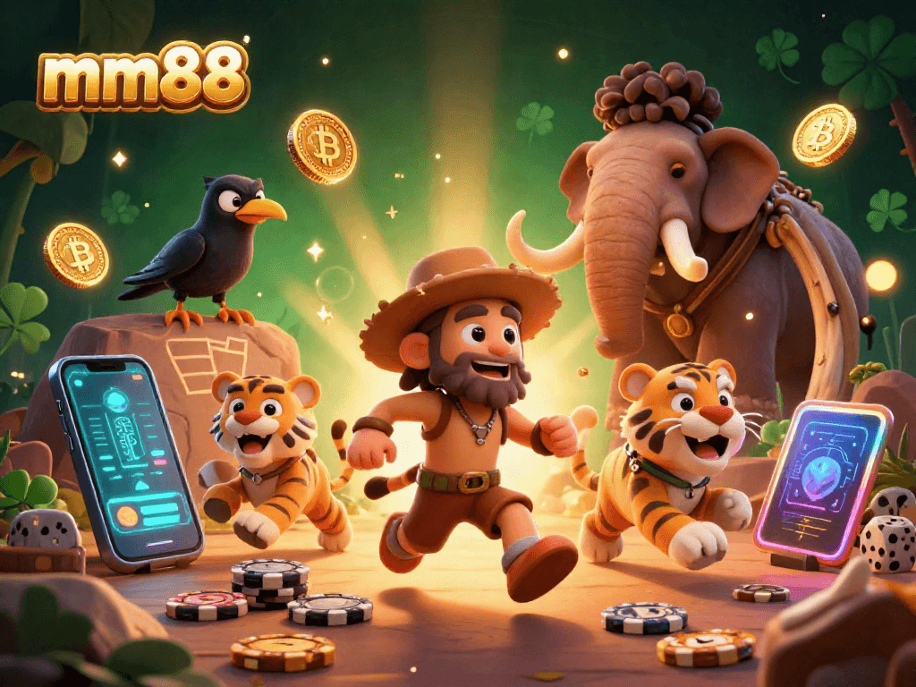 Engage with the mm88 prehistoric casino adventure featuring a caveman and sabertooth tiger duo.