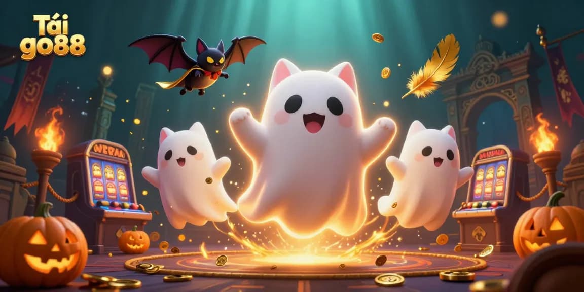 Tải go88 with a ghost cat and vampire bat in a haunted casino filled with glowing poker-themed jack-o-lanterns.