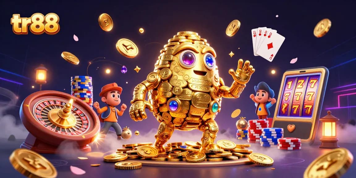 Engage with tr88's thrilling gambling experience featuring a golden golem amidst dynamic casino elements.