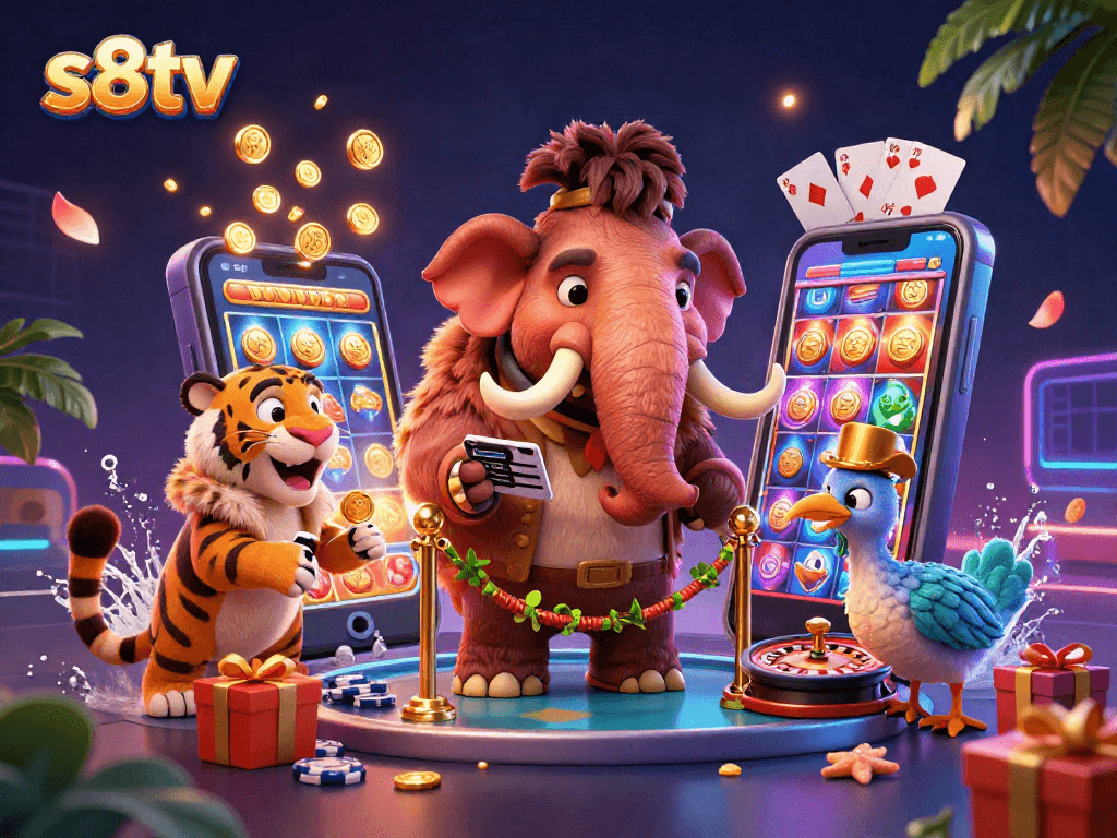 s8tv showcases a lively 3D casino scene featuring a woolly mammoth bouncer, saber-tooth tiger guest, and dodo doorman amidst vibrant gambling elements.