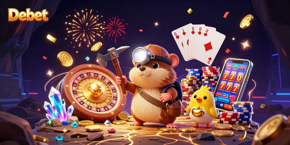 Debet showcases an exciting slots adventure with golden treasure and vibrant casino elements.