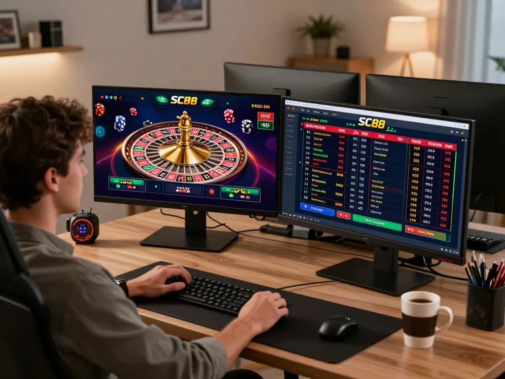 Player engaging with SC88 online casino roulette game from a stylish home office setup, showcasing immersive gameplay and strategic decisions.