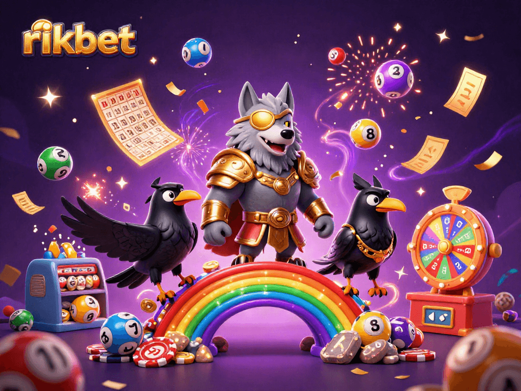 rikbet showcases a vibrant casino scene with Odin wolf, lottery balls, and celebratory elements.