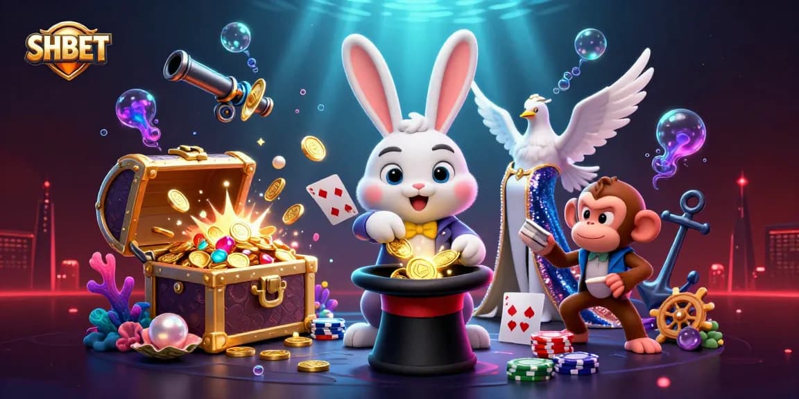 Engage with SHBET and pull in winnings with a vibrant casino-themed illustration featuring exciting characters.