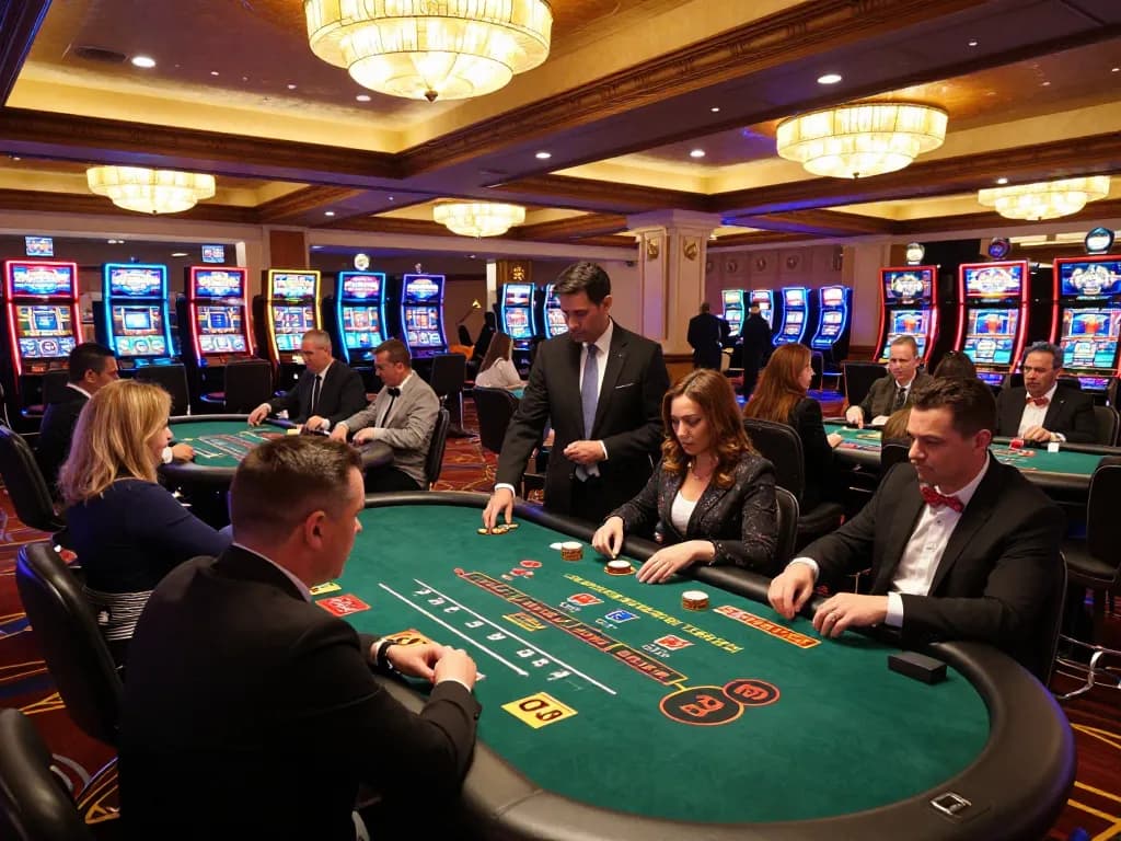Players engaging in blackjack at a lively casino floor while experiencing MB66 gaming excitement