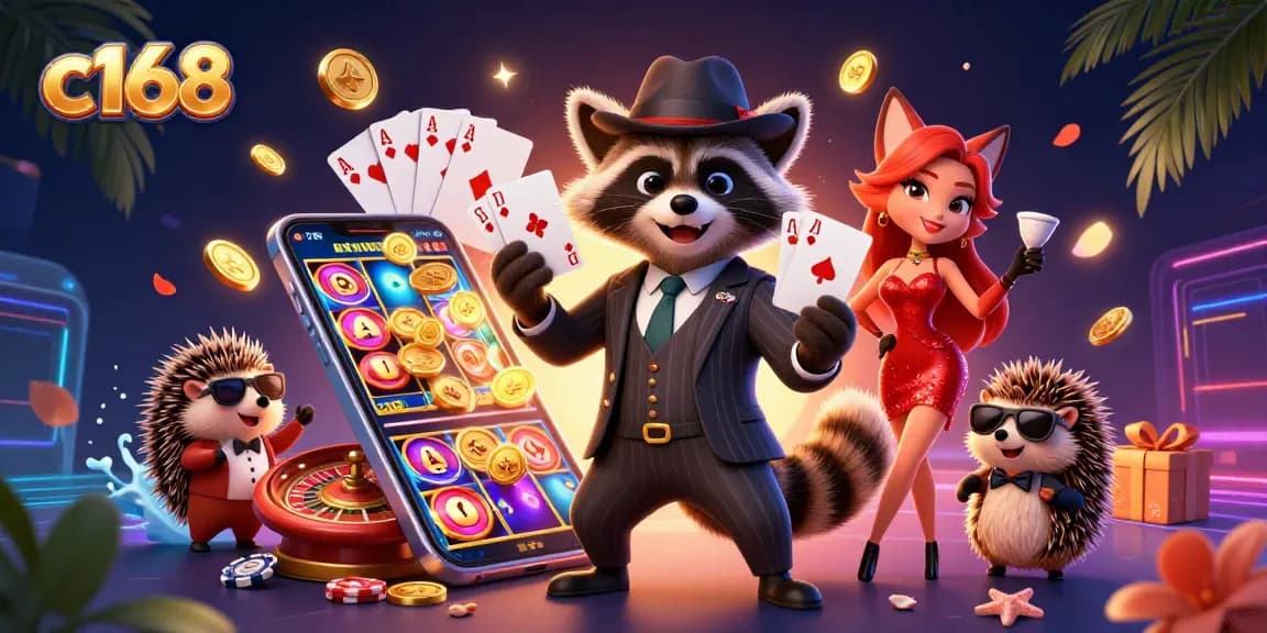 Engage in thrilling gameplay at c168 with a raccoon in a suit and fox in a sequin dress amidst dynamic casino elements.