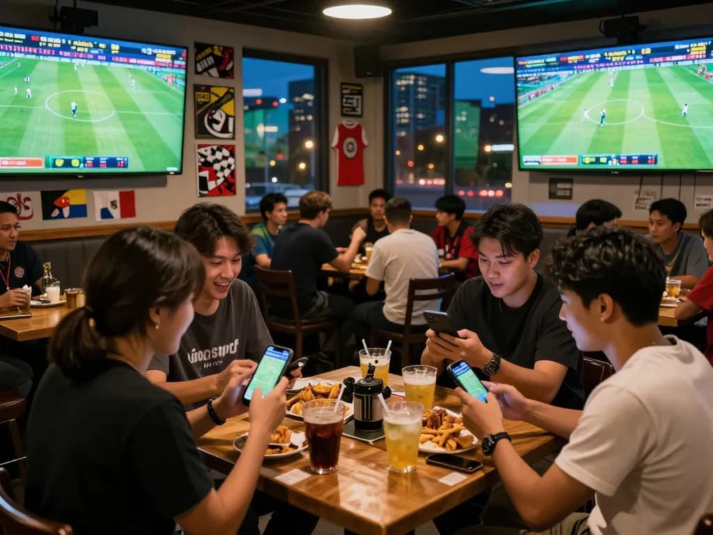 Fans analyzing kèo nhà cái while enjoying live football matches in a vibrant sports bar setting.