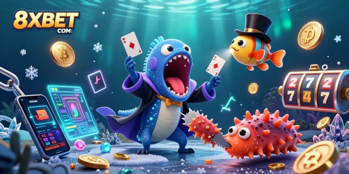 Experience the thrilling world of 8XBET COM with a captivating underwater casino scene filled with action.
