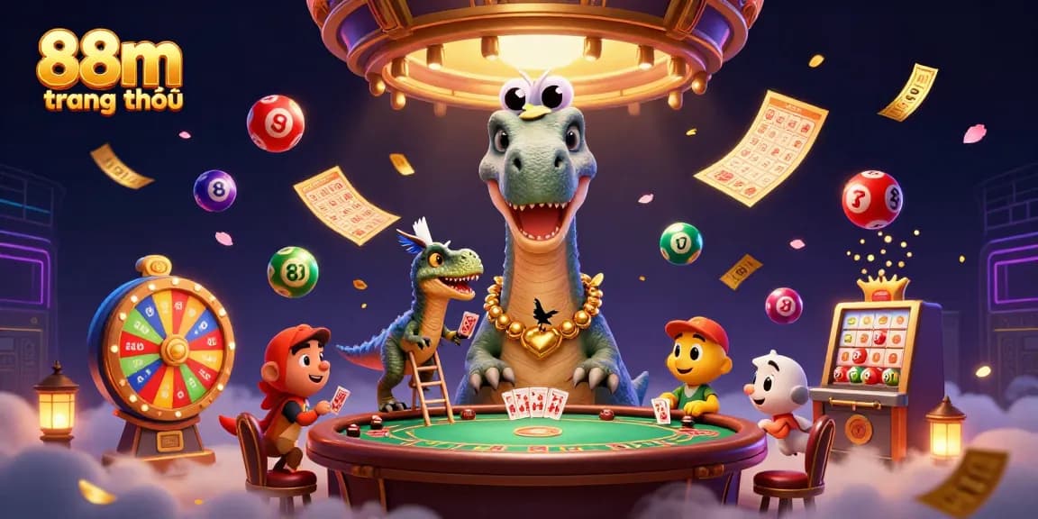 Engage with 88m trang chủ, where a brontosaurus and clever raptor deal cards amid a dynamic casino scene.