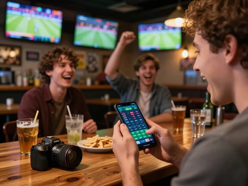 Engaging in sports betting with 88VIN app at the bar, alongside friends cheering for a win.