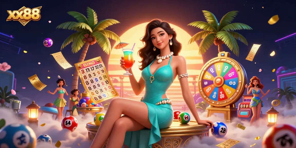Engage in winning strategies at xx88 with a vibrant lottery-themed casino illustration.