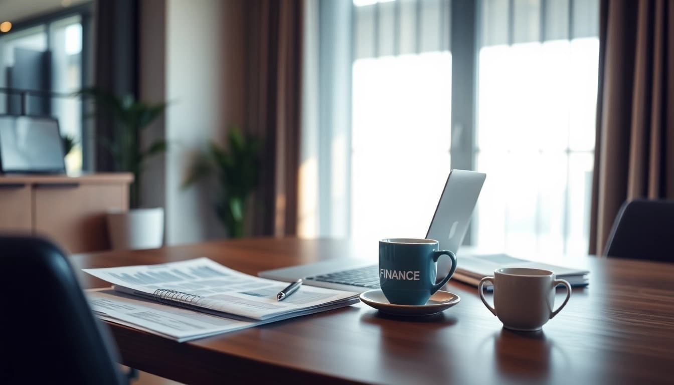 Visualisieren Sie einen Headhunter Finance bei der Arbeit an einem eleganten Schreibtisch mit Finanzberichten und Laptop.