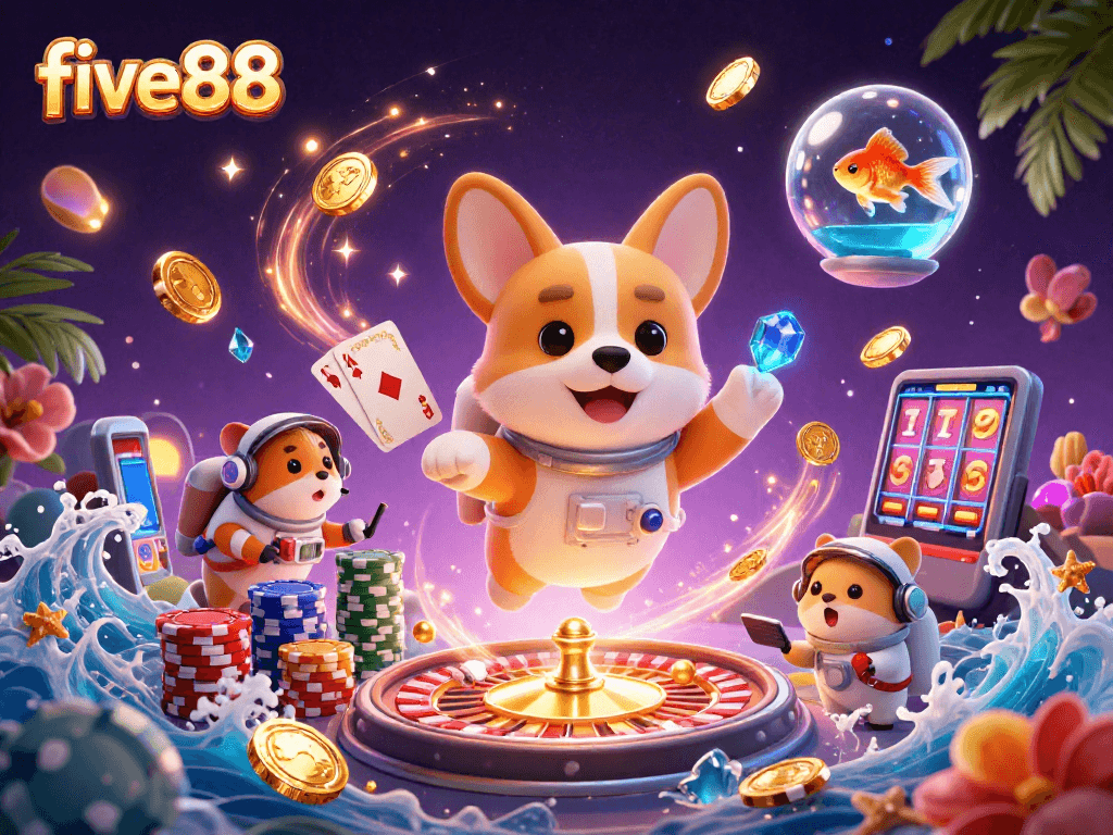 Experience five88’s dynamic space casino with floating coins, poker chips, and an interactive goldfish.