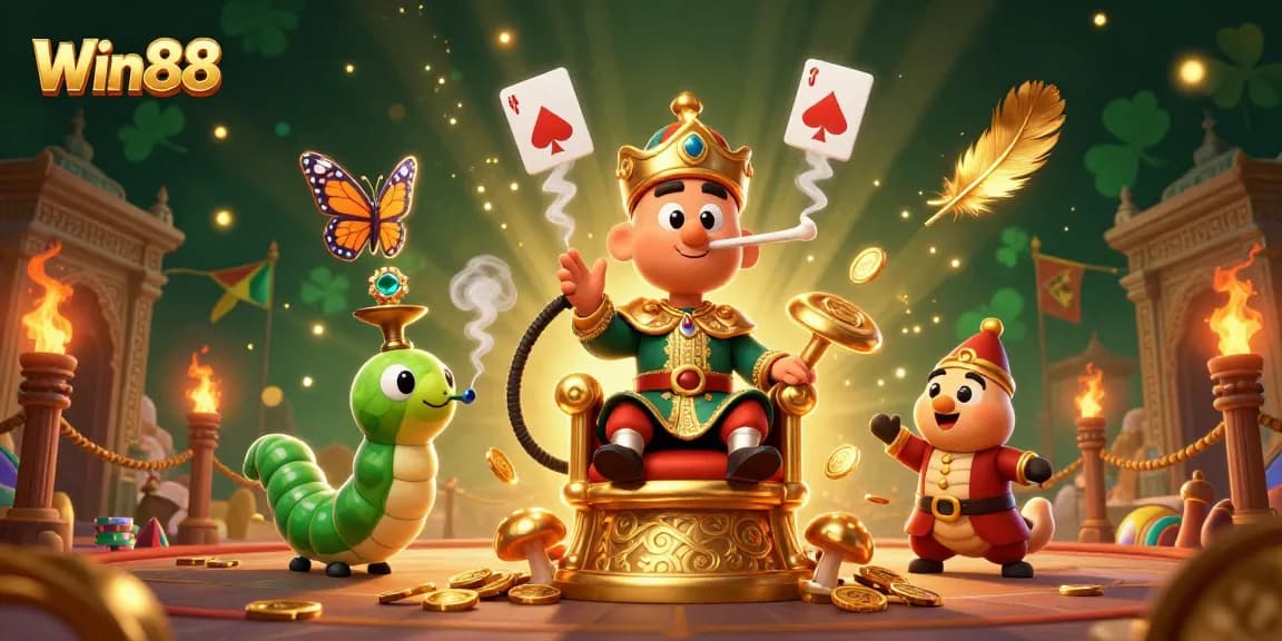 Win88 gameplay features a caterpillar casino master amidst dynamic golden symbols and particles.