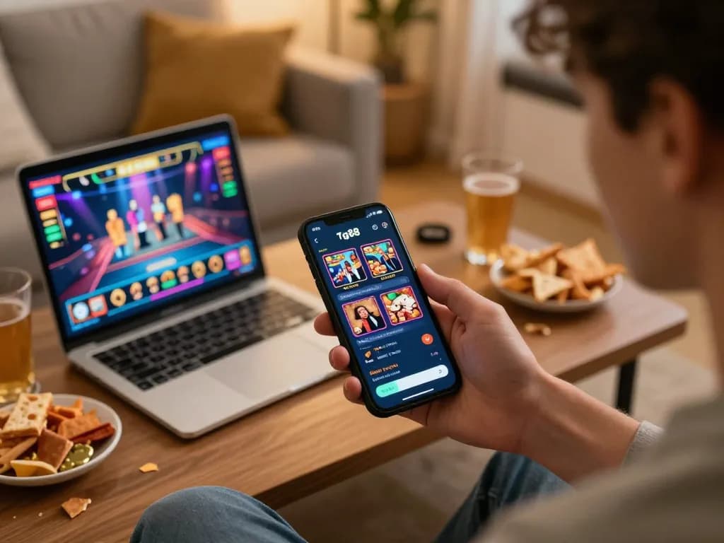 Playing casino games via tg88 link on mobile, enjoying a cozy home gaming scene.